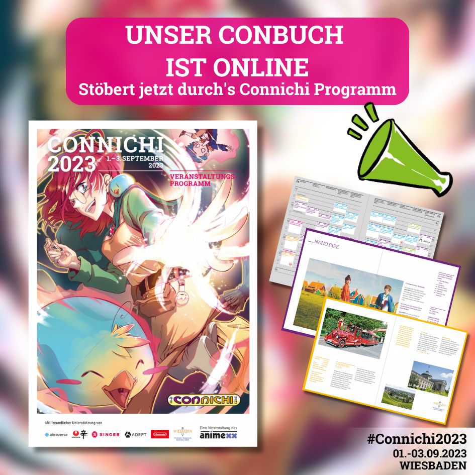 Bild auf Text: Unser Conbuch ist online. Stöbert jetzt durchs Connichi-Programm.